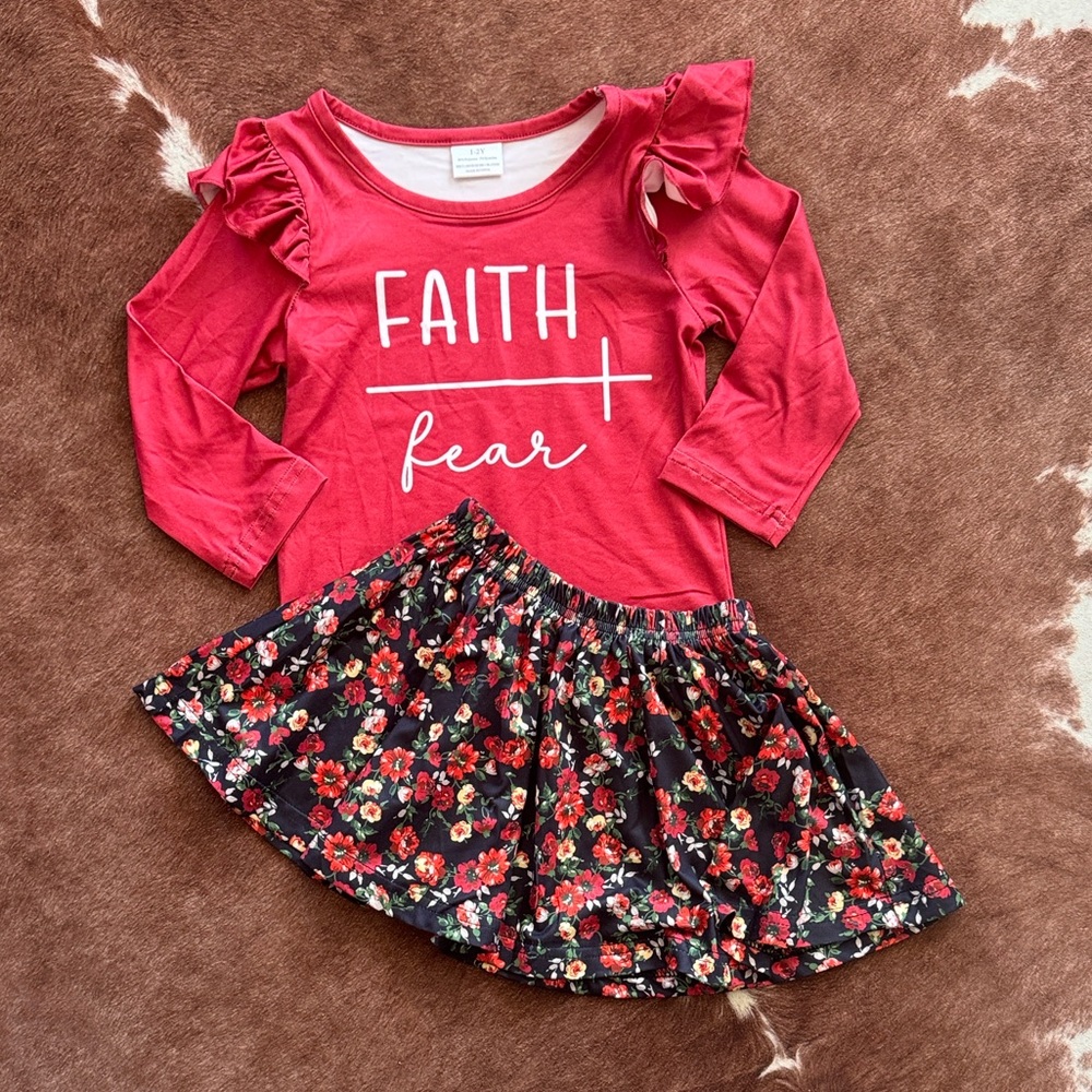 Red 'Faith Over Fear' Top and Floral Skirt Set